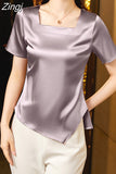 Blouse Women Square Collar Womens Tops Silk Short Sleeve Blouses Elegant Ladies Tops 2023 Fashion Summer Female