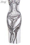 Women Winter 2023 New Y2K Hot Sweet Hand-Painted Lines Printed Minimalist Elastic Skinny Strapless Hem Slit Chic
