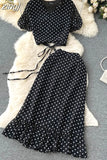 Women Polka Dot Chiffon Two Piece Set Vintage V-Neck Bandage Short Tops + High Waist Mermaid Skirt 2Pcs Suits New
