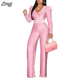 Fashion Women Jumpsuits Puffy Long Sleeve V Neck With Belt Wide Leg Pants Loose Rompers Party Office
