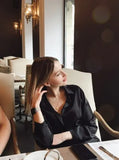 Summer Spring Casual Blouse Women Fashion Long Sleeves Tops Vintage Femme V Neck Shirts Elegant Sexy Silk Blouse