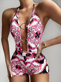 Zingj New Bikini Print Hollowed-Out Banded Swimsuit