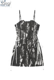 Summer Sexy Women Vintage Tie-Dyed Spaghetti Strap Mini Dress Sleeveless High Waist Female Party Club Bodycon A-line
