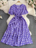 Women Floral Printed Midi Dress Vintage V-Neck Short Sleeve High Waist A-Line Casual Vestidos Female 2023 New