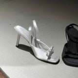 New Square Head Wrist Tripped Silver Silk And Satin Bow High Heel Cool Slippers Fine Heeled Female