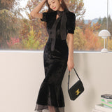 Temperament V-Neck Short-Sleeved Velvet Dress Woman 2025 Spring And Summer New Retro Hepburn Bubble Sleeve Long