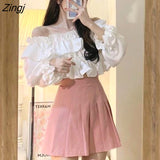 Woman Casual Skirts Mini Pleated Solid Ruffles Ins New Slash Neck Sweet Cute Summer Korean Style Fashion Lady Daily