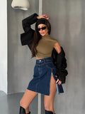 Trend Hottie Retro Washing Water High Waist Side Open Zipper Denim Short Skirt A Word Half