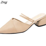 Party Women Mules Slipper Pointed Toe Block Strap Closed Shallow High Heels Shoes Sandals Black Beige Square heel