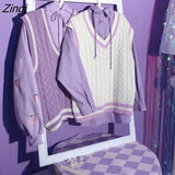 Vests Women Simple Knitwear Purple White Kawaii Casual Chic Preppy Style Korean All-match Loose Sleeveless Autumn