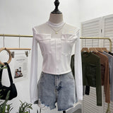 Sexy Micro-Permeable Mesh Splicing Pu Skin Bottom Shirt Women Autumn And Winter Body Repair Short Long-Sleeved T-Shirt Top