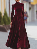 Women's Autumn And Winter Gold Velvet High Collar Bubble Sleeves To Close The Waist Big Dress Elegant Long