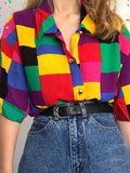 Vintage Checkered Button Front Short Sleeve