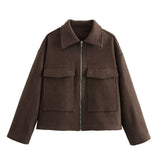 Autumn Fashion Wine Red Big Pocket Zipper Hair Coat Women's Clothing