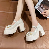 New Mary Jane Women's Shoes Thick Heel Platform Uniform Single Shoes High Heels Women's Bow Retro Small Leather