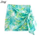 Women Tropical Floral Print Bow Tied Sarong Skirt Faldas Mujer Ladies Chic Zipper Hem Irregular Kimono Vestidos