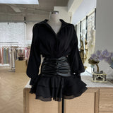 Popular Street Pats Light Luxury Niche Fake Two Splicing Folded Waist Sealing Lotus Leaf Side Shirt