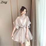 Set Mini Dress Korean Short Sleeve Stand Organza Belt A Line Dress Women Summer Casual Office Dress+Cotton Base