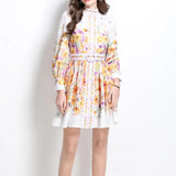 Elegant High-End Dress Woman 2025 New Collar Lantern Sleeve Buckle Waist Print