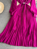 Autumn Women Turn-Down Collar Pleated Long Dress Vintage Single Breasted Lantern Sleeve High Waist Draped Maxi Robe