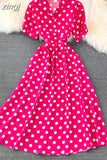 Women Polka Dot Midi Dress Vintage V-Neck Single Breasted Short Sleeve A-Line Vestidos Female Elegant New Fashion