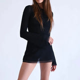 Black Mesh Long Sleeve Backless Mini Dress-Outfit