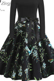Print Vintage Women New Spring Elegant Party Long Sleeve Casual Black Patchwork Midi