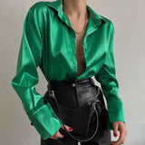 Long Sleeve Blouses Women 2023 Vintage Blue Green Silk Shirt Women Casual Loose Button Up Down Shirts Elegant Tops