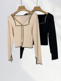 Zingj New Bright Line Design Sense Half Open Collar Long Sleeved T Shirt Female Chic Niche Slit Lapel Hot Girl