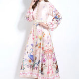 Court Elegant Fashion Print Single-D Row Lantern Sleeve Dress Women's Waists Thin Big Brand Long