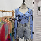 Tie-Dye-Print Long Sleeve Bottom Sexy Hottie V-Neck T-Shirt Folded Slimming Mesh Yarn Top