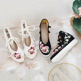 Zingj White Sole Embroidered Cloth Shoes High Heel Slope Canvas Embroidered Women's Singles Shoes Lace Retro National Style Cloth