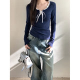 Lace Trim Front Tie Long Sleeve Tee-Outfit