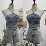 Shooting Spice Girls Letter Printing To Make Old Hole Hanging Neck Sling Vest Short With Chest Cushion Top