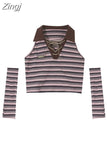 Women's Vintage Striped Slim T Shirt Y2k Design Knitted Tops Polo-Neck 90s Streetwear Harajuku Fashion Casual Crop Top