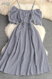Vintage Women Spaghetti Strap Plaid Dress Female Elegant Short Puff Sleeve High Waist A-Line Casual Vestidos New