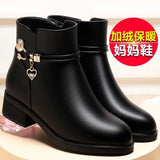 Zingj Leather Mother Cotton Shoes Autumn And Winter Add Velvet Women's Short Boots Middle-Aged Warm Low Heel Thick Heel Rhinestone Snow