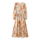 Women's Summer Romantic Lace Printing Design Feel Waist Slimming V-Neck Long-Sleeved