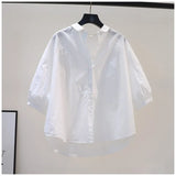 Fresh Art And Light Blue Cotton Shirt Women 7-Sleeve Casual Shirt 2025 Summer Temperament