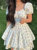 Puff Sleeve Floral Corset Mini Dress-Outfit