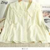 Lace Lapel White Shirt Cute Peter Pan Collar Green Blouses Women Vintage Elegant Office Long Sleeve Blusas Female