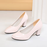 New Fashion Light Mouth Single Shoes Round Head Thick Heel Shoes Patent Leather Pure Women's