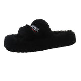 Slippers Women Wear 2025 New Letter Embroidered Thick Bottom Lamb Hair Autumn Winter Flat Letter