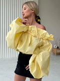 New Lotus Leaf Side Shoulder-Sling Rope Shirt Women Feel Chic Sweet Pure Desire Loose Comfortable