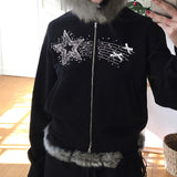 And Winter New Hair Splicing Hoodie Women's Dark And Dark Style Personality Street Star Hot Diamond Zipper Coat