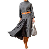 Zingj 2023 New Fashion Versatile Temperament Belt Closed Waist Pleated Dress-Outfit