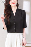 Shirt Women Satin Vintage Shirts OL Basic Blouse Women Short Sleeve Blouses Silk Fashion Women's Clothing Solid Women