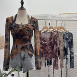 Special To The Net Yarn Design Sense Hanging Neck Top Cross Folded Repair Short T-Shirt