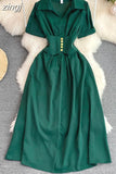 Vintage Women Midi Dress Elegant Pink/Orange/Green Polo Collar Short Sleeve High Waist A-Line Vestidos Female New