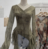Shooting Ribbon Mesh Yarn Leaf Side Retro Print V Collar Horn Sleeve Top Spring And Summer Short Repair T-Shirt